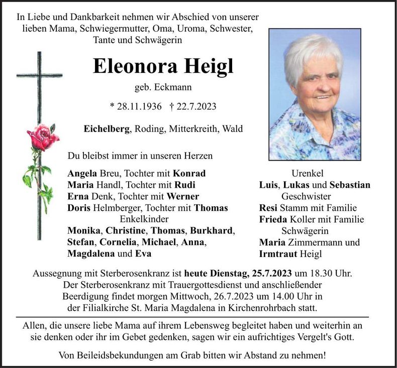 Traueranzeige Eleonora Heigl