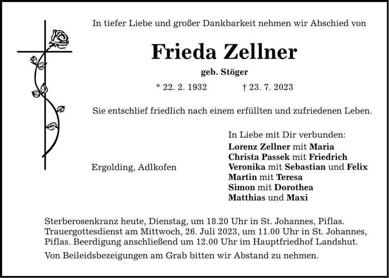 Traueranzeige Frieda Zellner