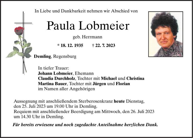 Traueranzeige Paula Lobmeier
