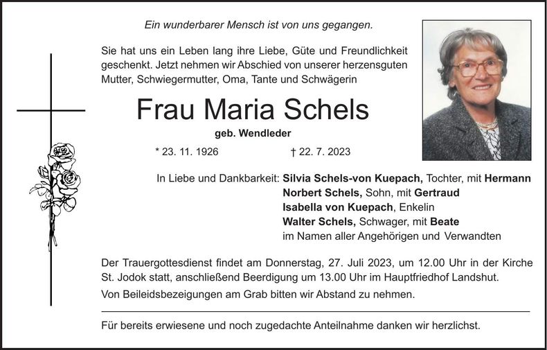 Traueranzeige Maria Schels