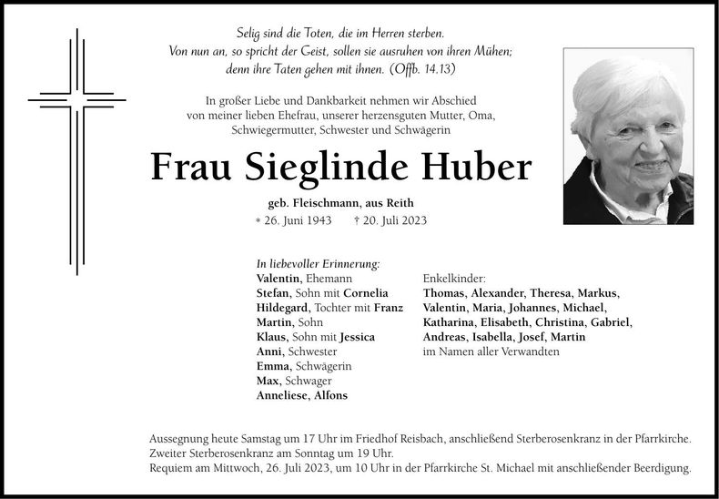 Traueranzeige Sieglinde Huber