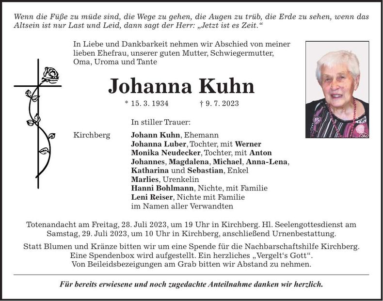 Traueranzeige Johanna Kuhn
