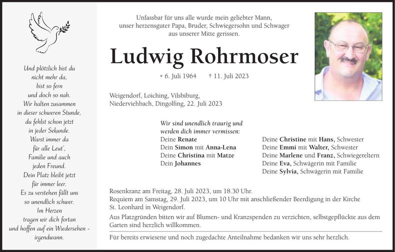 Traueranzeige Ludwig Rohrmoser
