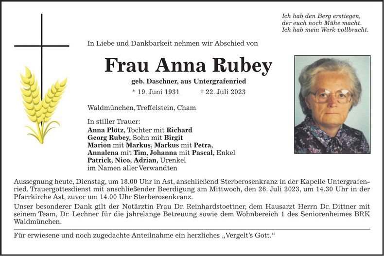 Traueranzeige Anna Rubey