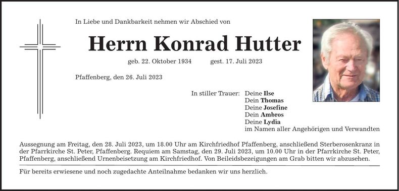 Traueranzeige Konrad Hutter