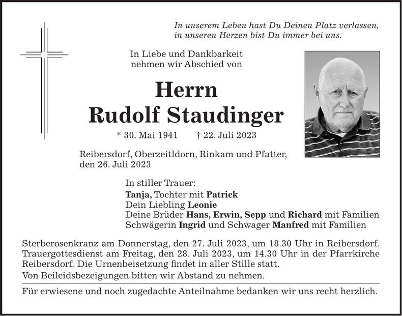 Traueranzeige Rudolf Staudinger