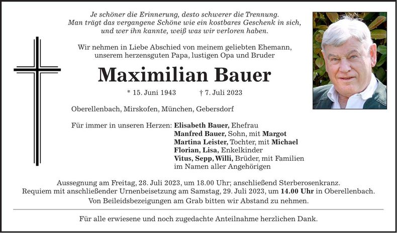 Traueranzeige Maximilian Bauer