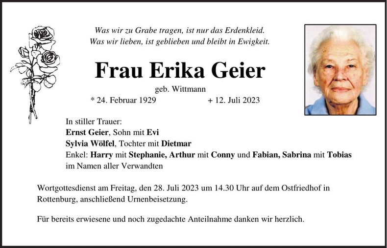 Traueranzeige Erika Geier
