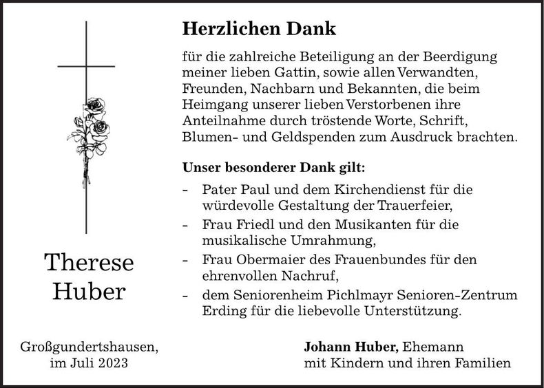 Traueranzeige Therese Huber