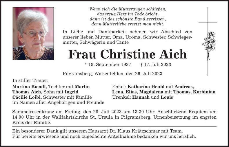 Traueranzeige Christine Aich