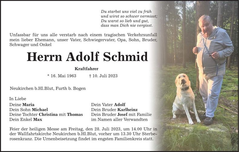 Traueranzeige Adolf Schmid