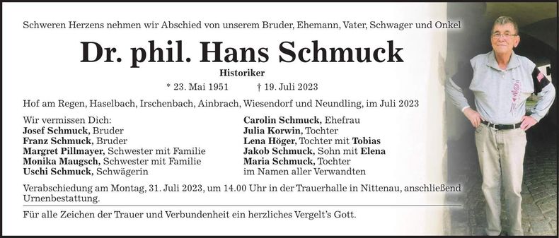 Traueranzeige Dr.phil Hans Schmuck