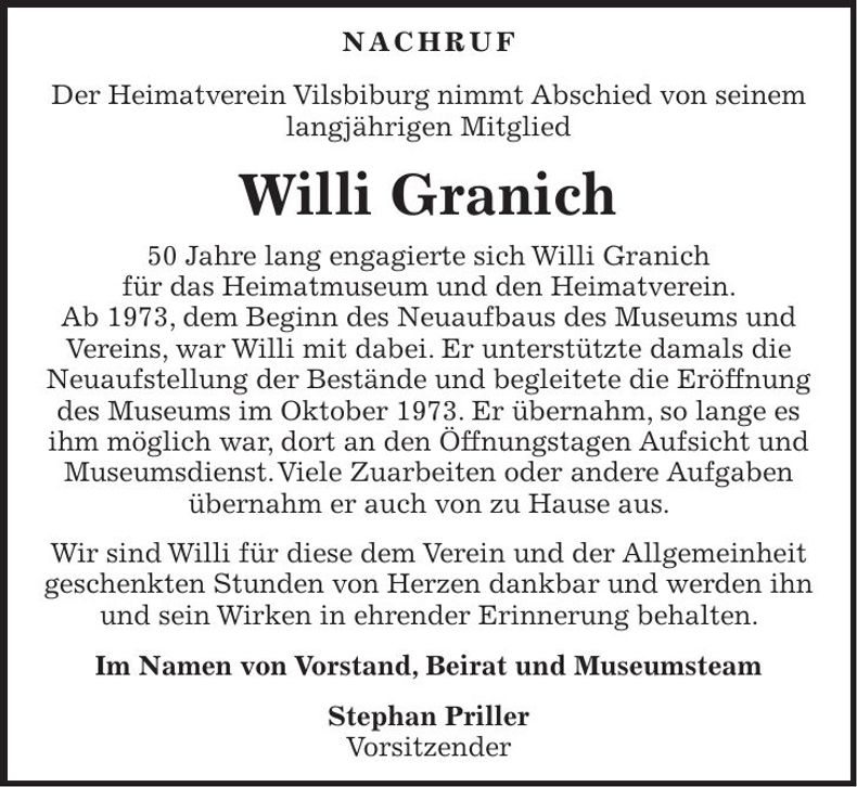 Traueranzeige Willi Granich