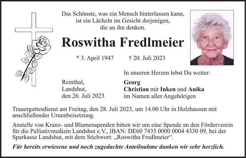 Traueranzeige Roswitha Fredlmeier