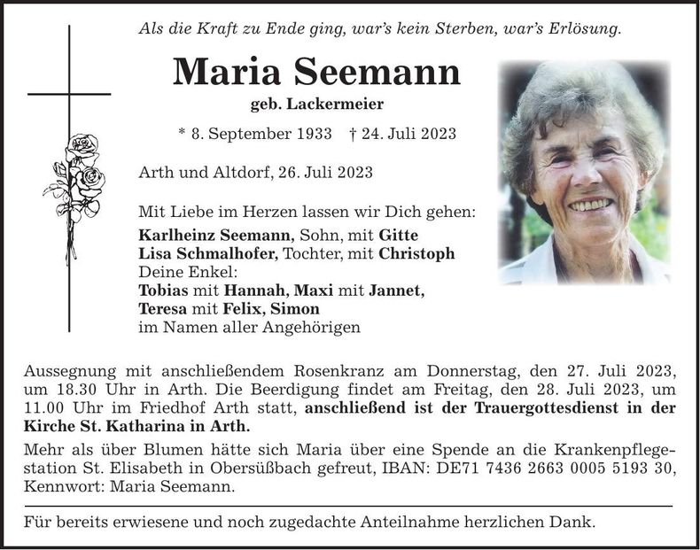 Traueranzeige Maria Seemann