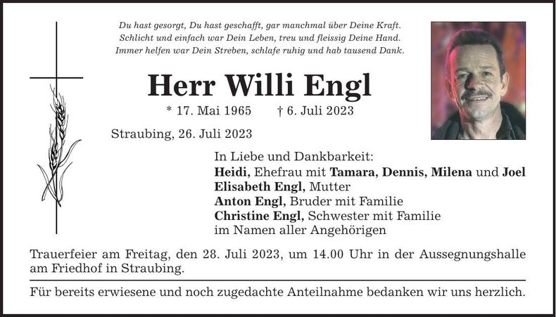 Traueranzeige Willi Engl