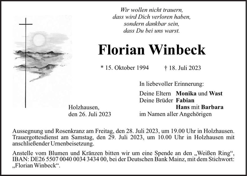 Traueranzeige Florian Winbeck