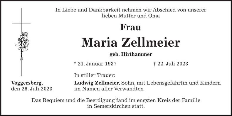 Traueranzeige Maria Zellmeier