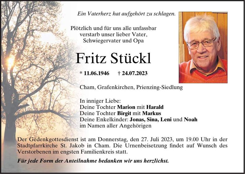 Traueranzeige Fritz Stückl
