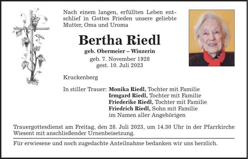 Traueranzeige Bertha Riedl