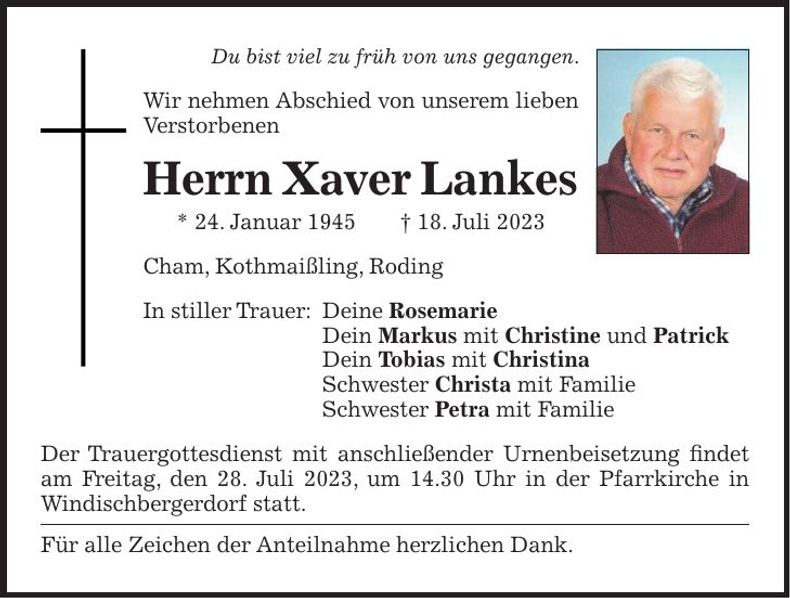 Traueranzeige Xaver Lankes