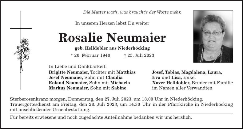 Traueranzeige Rosalie Neumaier