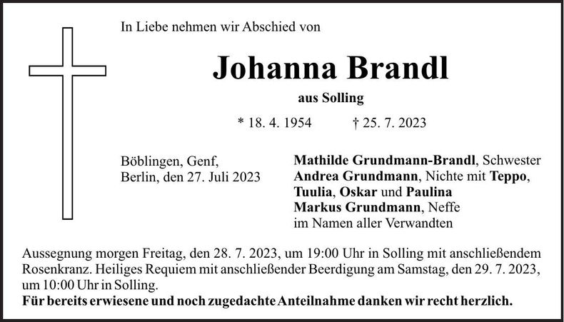 Traueranzeige Johanna Brandl