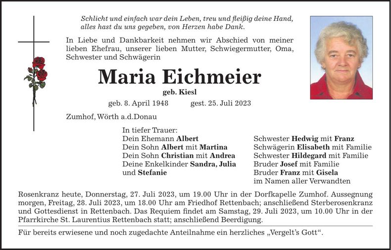 Traueranzeige Maria Eichmeier