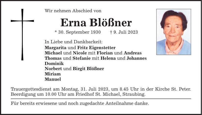 Traueranzeige Erna Blößner