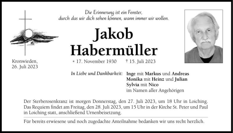 Traueranzeige Jakob Habermüller