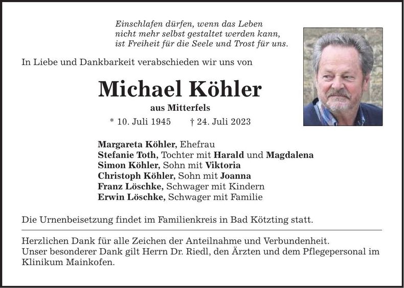 Traueranzeige Michael Köhler