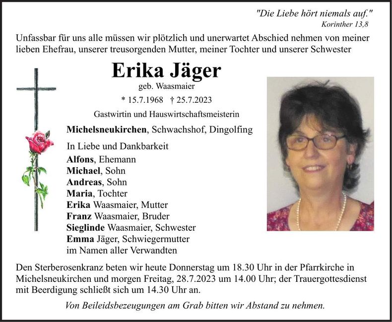 Traueranzeige Jäger Erika