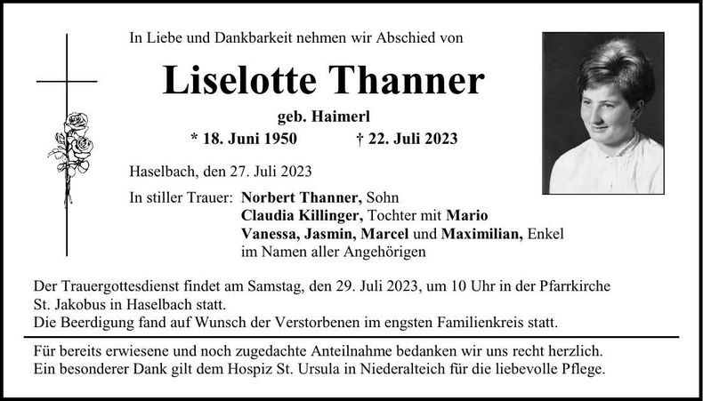 Traueranzeige Liselotte Thanner