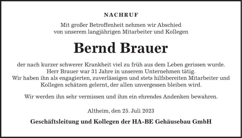 Traueranzeige Bernd Brauer