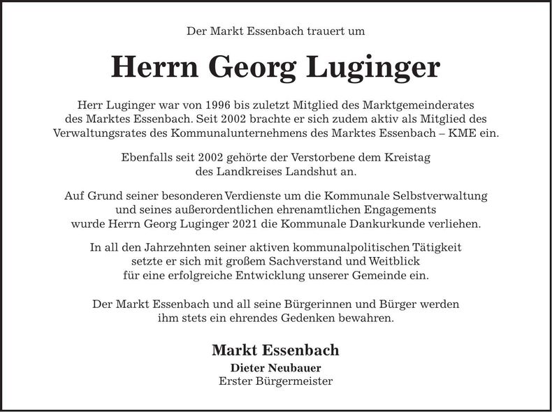 Traueranzeige Georg Luginger