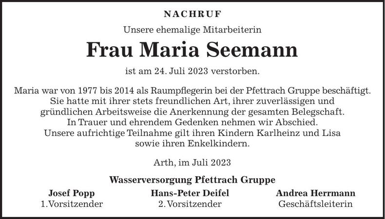 Traueranzeige Maria Seemann