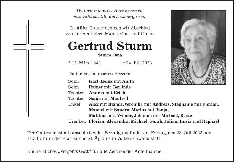 Traueranzeige Gertrud Sturm