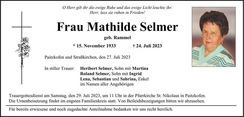 Traueranzeige Mathilde Selmer