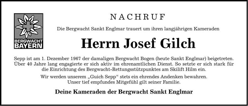 Traueranzeige Josef Gilch
