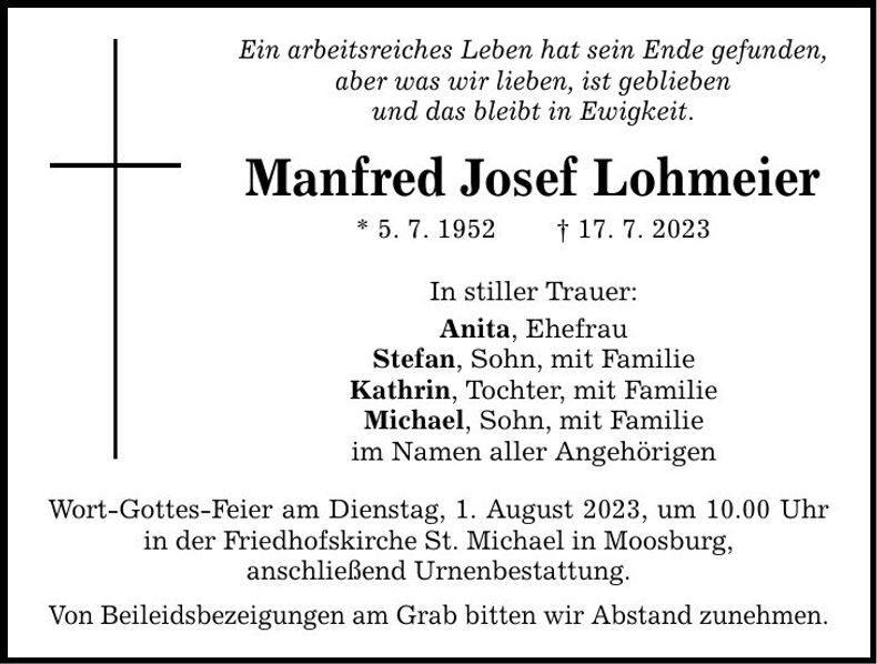 Traueranzeige Manfred Josef Lohmeier
