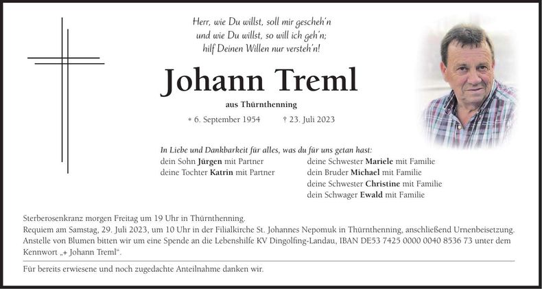 Traueranzeige Johann Treml