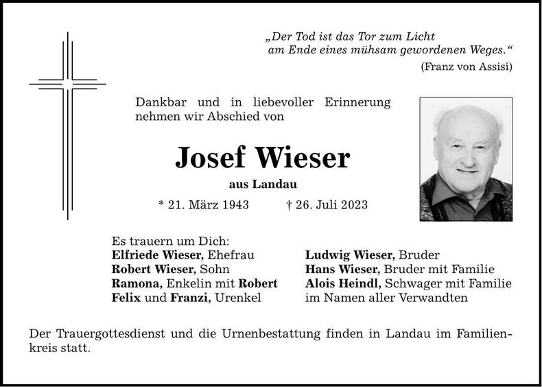 Traueranzeige Josef Wieser