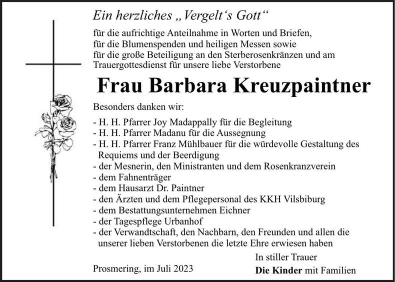 Traueranzeige Barbara Kreuzpaintner