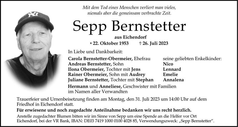 Traueranzeige Sepp Bernstetter