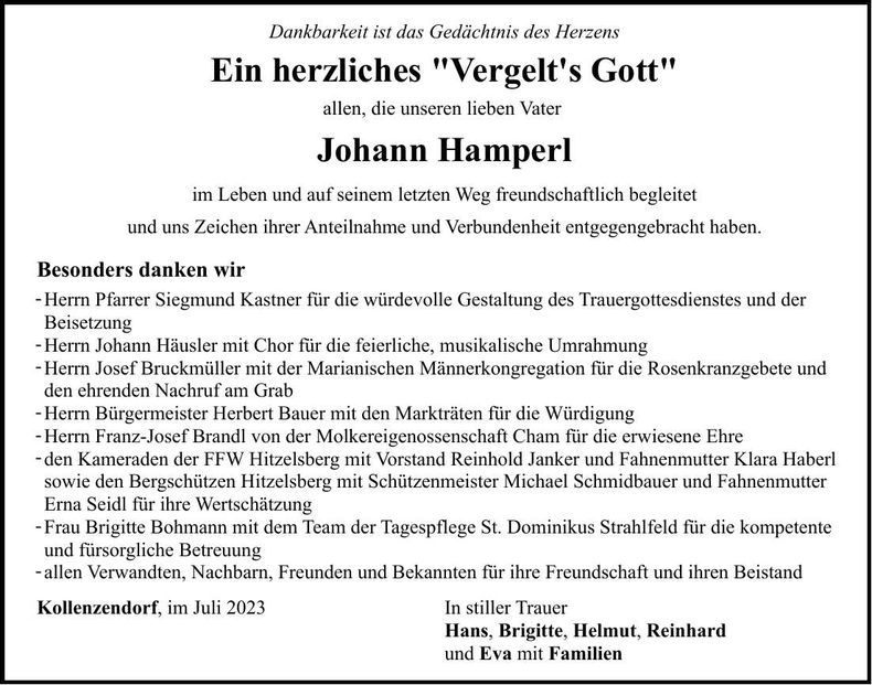 Traueranzeige Johann Hamperl