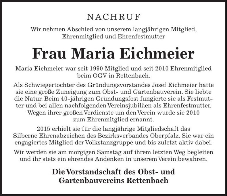 Traueranzeige Maria Eichmeier
