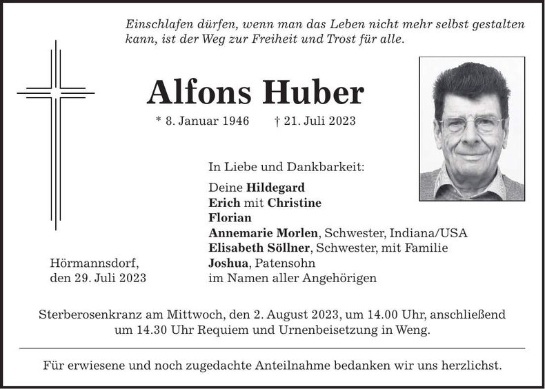 Traueranzeige Alfons Huber