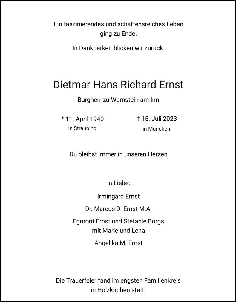 Traueranzeige Dietmar Ernst