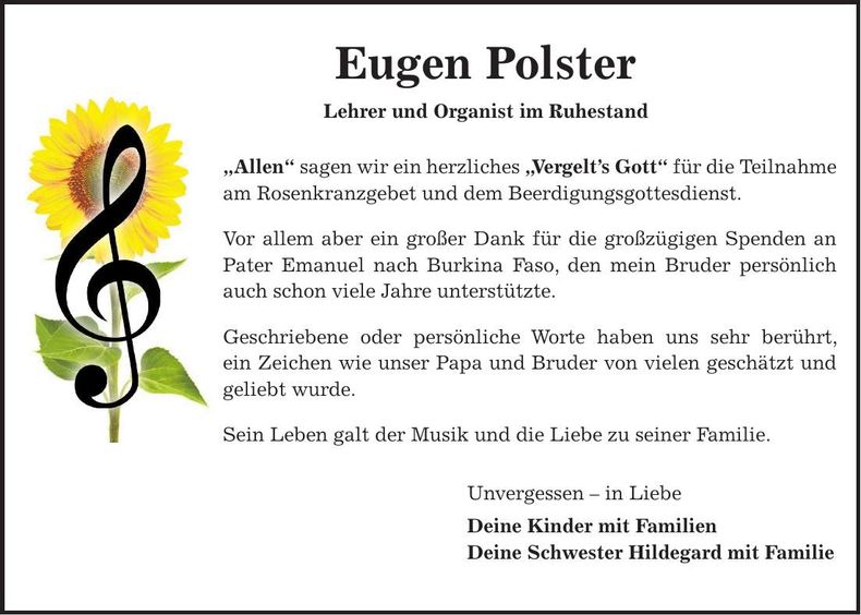 Traueranzeige Eugen Polster