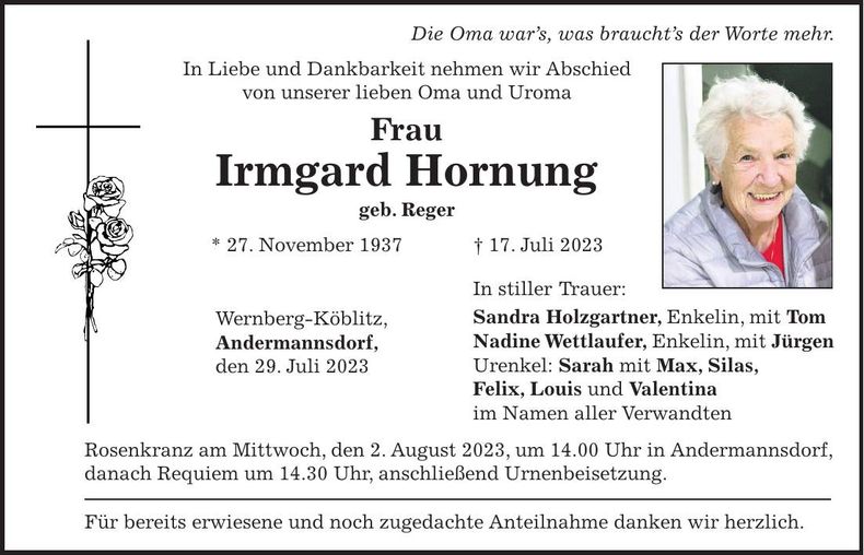 Traueranzeige Irmgard Hornung